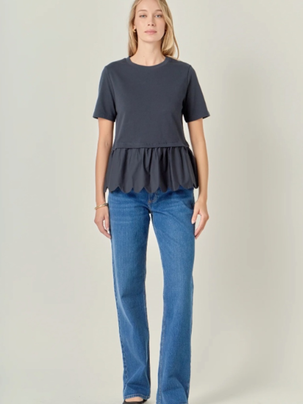 English Factory from Anthropologie. MIXED MEDIA SCALLOP DETAIL T-SHIRT. L